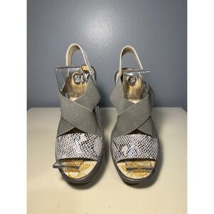 FLY LONDON Wedge Sandals Gray Snake Print Elastic Strap Slingback Women Size 8.5
